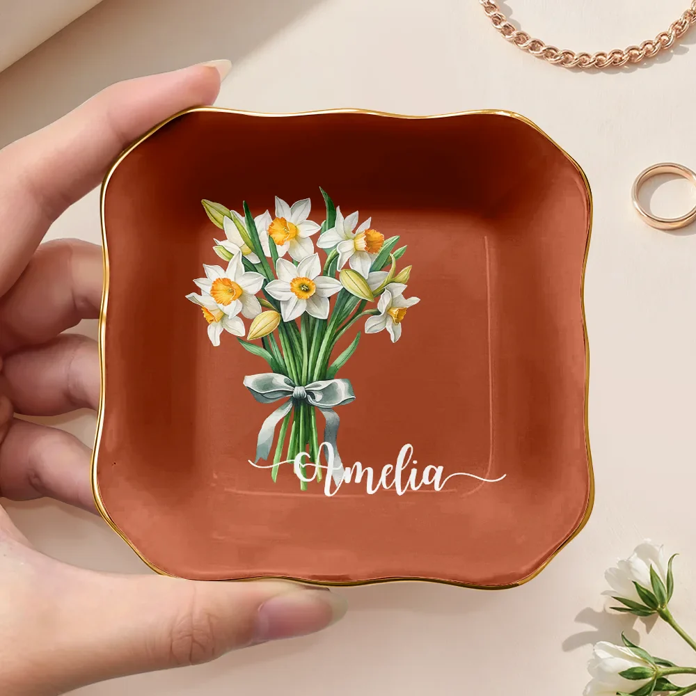 Watercolor Birth Flower Mother Daughter Sister Custom Name - Personalized Ring Dish - Image 3
