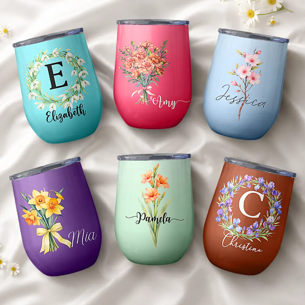 Watercolor Birth Flower Mother Daughter Sister Custom Name - Personalized Wine Tumbler