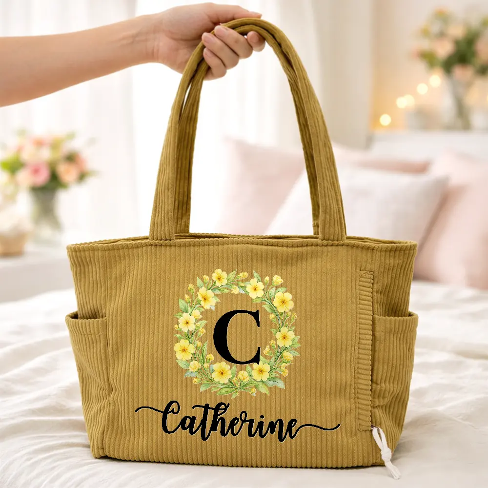Watercolor Birth Flower Wreath - Personalized Corduroy Tote Bag - Image 4