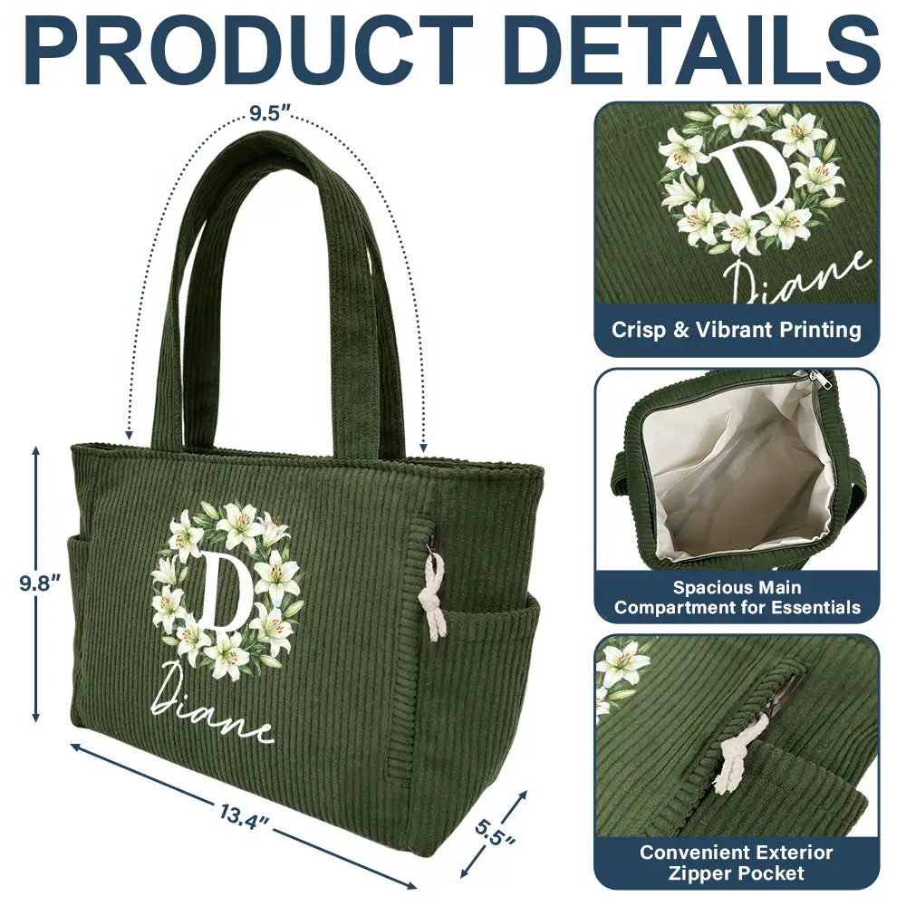 Watercolor Birth Flower Wreath - Personalized Corduroy Tote Bag - Image 5