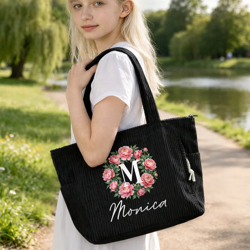 Watercolor Birth Flower Wreath - Personalized Corduroy Tote Bag - Image 6