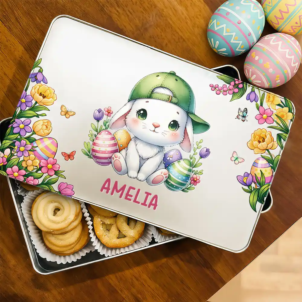 Watercolor Bunny Chicken With Name - Personalized Metal Biscuit Tin - Image 2
