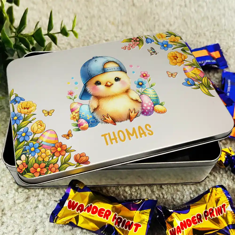 Watercolor Bunny Chicken With Name - Personalized Metal Biscuit Tin - Image 3