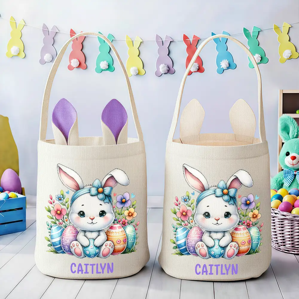Watercolor Easter Bunny With Name - Personalized Bunny Ears Bucket Bag - Image 3