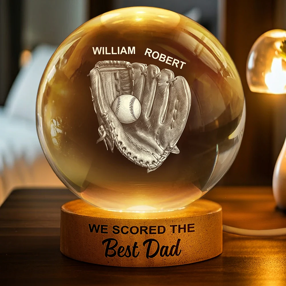 We Caught The Best Dad Papa Baseball - Personalized Crystal Globe Lamp - Image 3