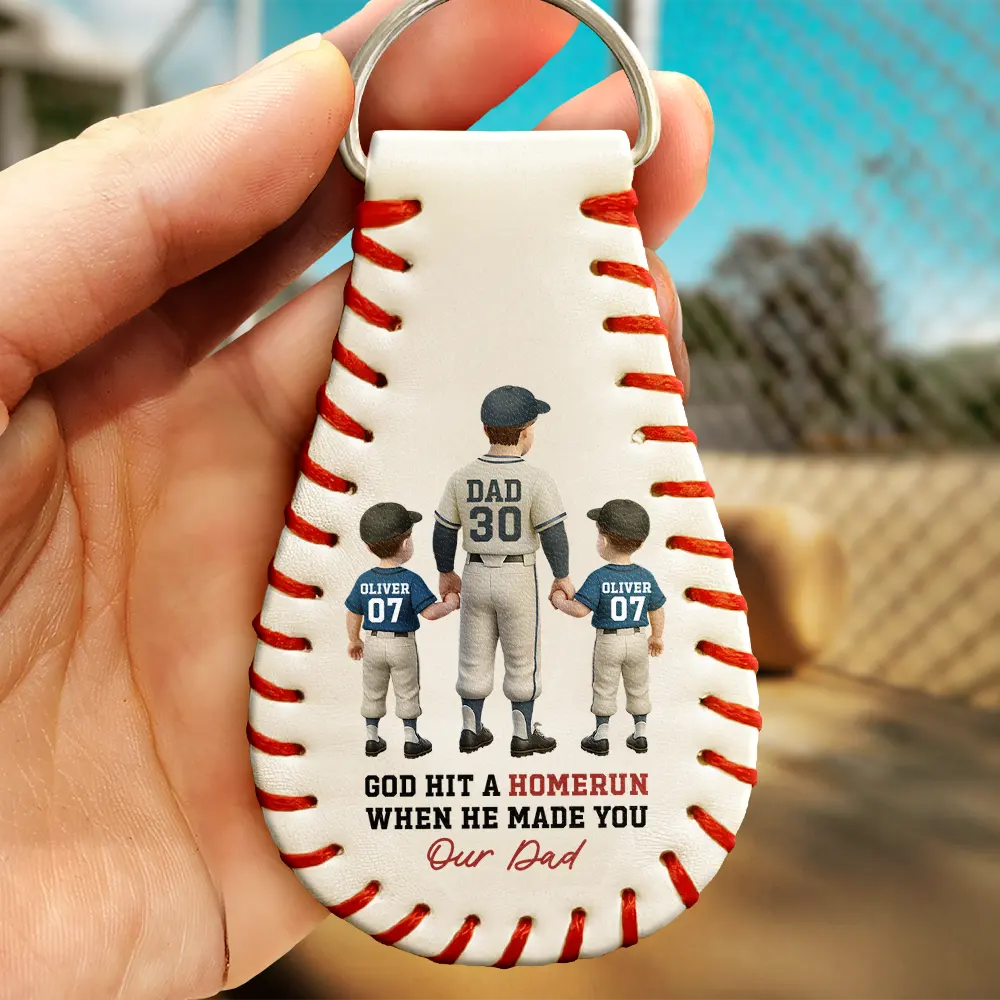 We Hit A Homerun Scoring You As Our Dad - Personalized Leather Baseball Keychain - Image 2