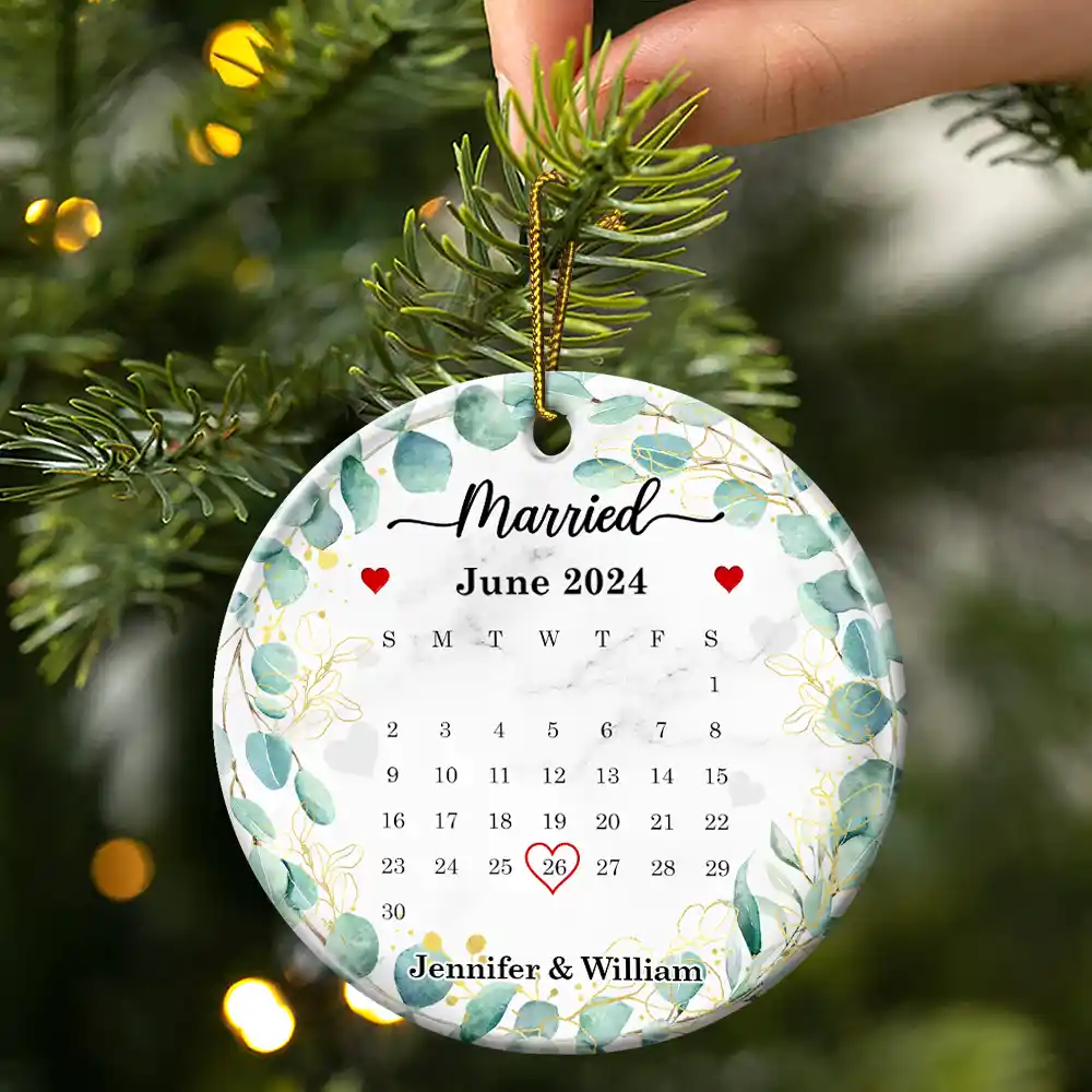 Wedding Calendar Married Engaged Couple - Personalized Circle Ceramic Ornament - Image 3