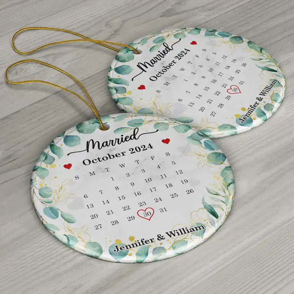 Wedding Calendar Married Engaged Couple - Personalized Circle Ceramic Ornament - Image 6