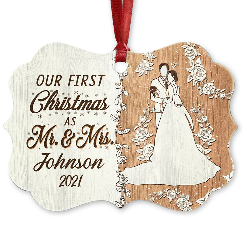 Wedding Couple Our First Christmas - Gift For Couple - Personalized Custom Wooden Ornament, Aluminum Ornament - Image 2