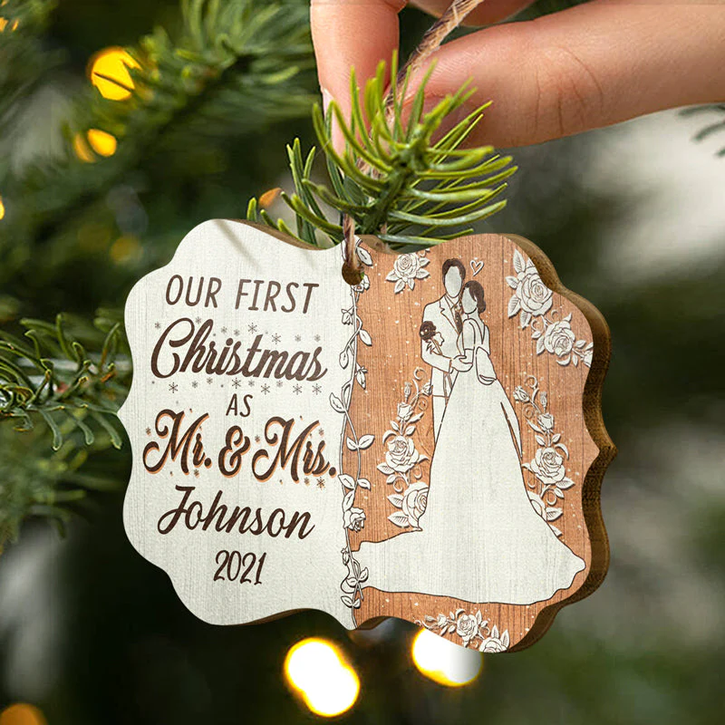 Wedding Couple Our First Christmas - Gift For Couple - Personalized Custom Wooden Ornament, Aluminum Ornament - Image 4