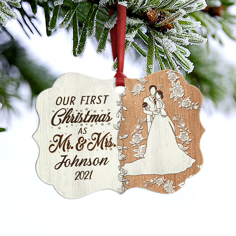 Wedding Couple Our First Christmas - Gift For Couple - Personalized Custom Wooden Ornament, Aluminum Ornament - Image 6