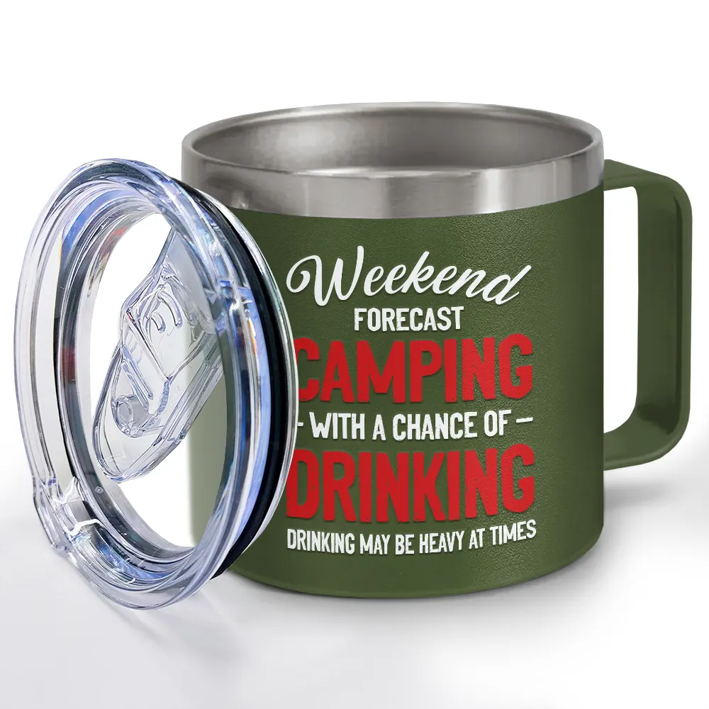 Weekend Forecast Camping - Personalized 14oz Stainless Steel Tumbler With Handle - Image 2
