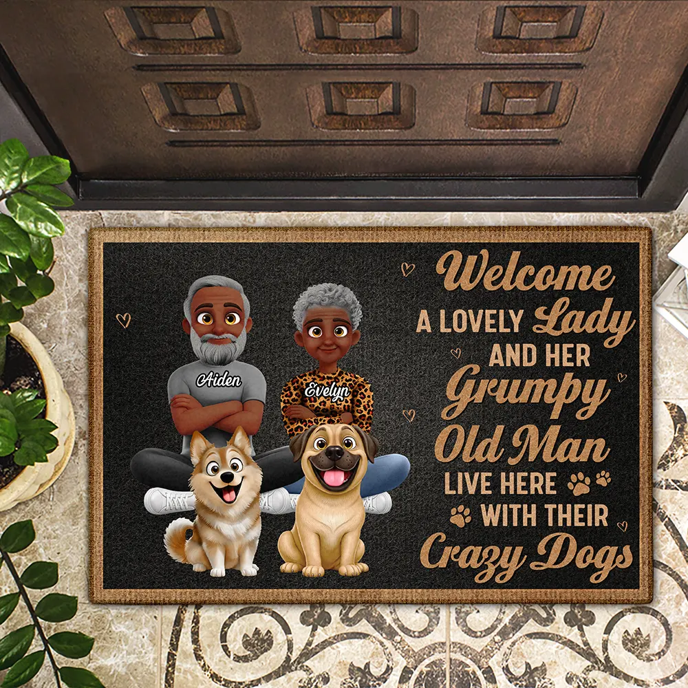 Welcome A Lovely Lady And A Grumpy Old Man Live Here 3D Effect Dog - Personalized Doormat - Image 2