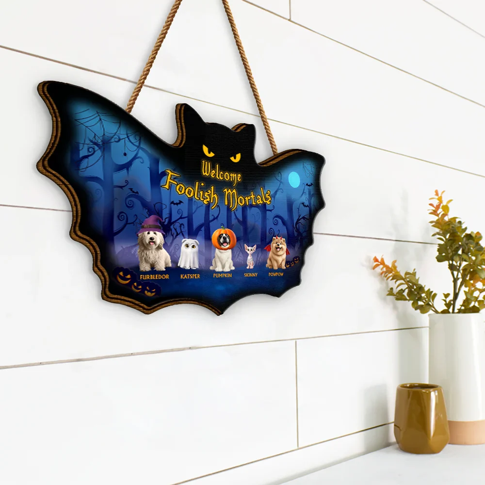 Welcome Foolish Mortals Pet Halloween - Personalized Custom Shaped Wood Sign - Image 2