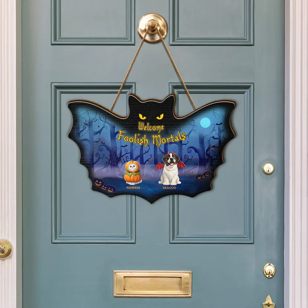 Welcome Foolish Mortals Pet Halloween - Personalized Custom Shaped Wood Sign - Image 3
