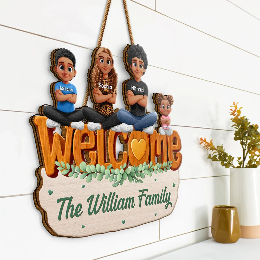 Welcome Happy Family 3D Effect - Personalized Custom Shaped Wood Sign - Image 2