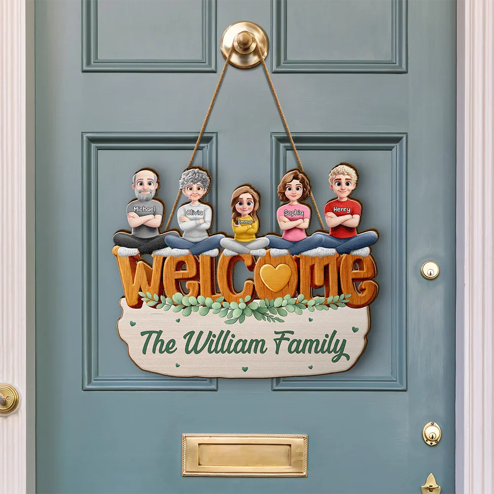Welcome Happy Family 3D Effect - Personalized Custom Shaped Wood Sign - Image 3