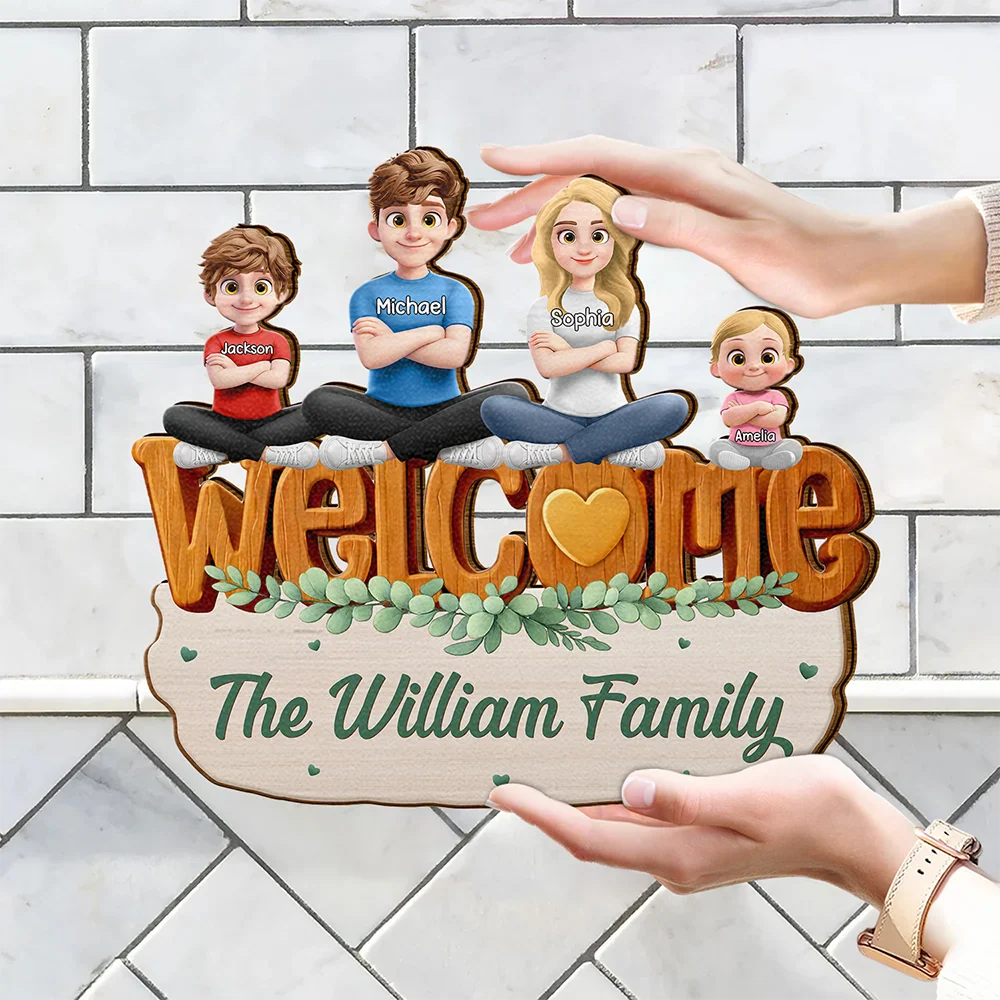 Welcome Happy Family 3D Effect - Personalized Custom Shaped Wood Sign - Image 4