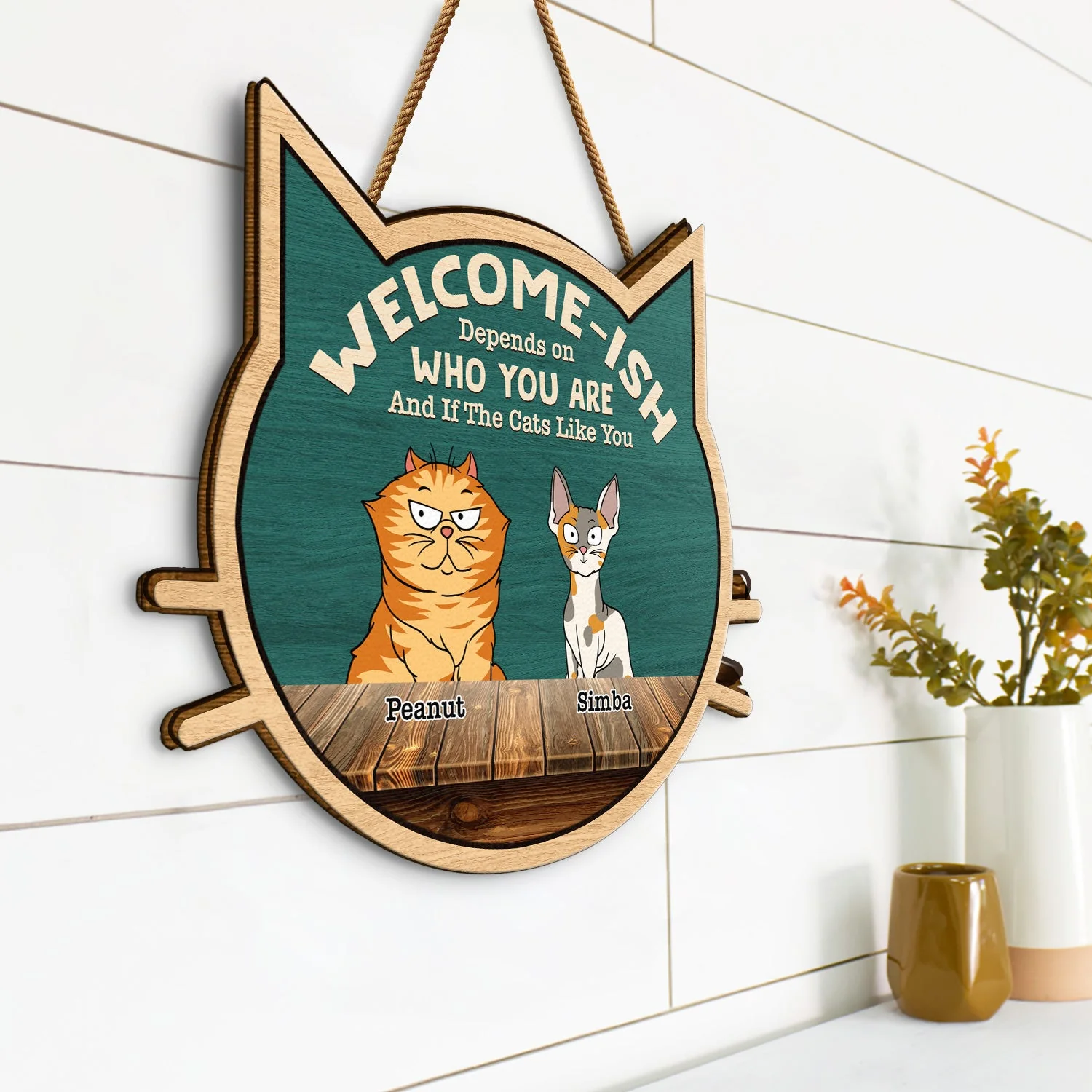 Welcome-ish Depends On Who You Are - Home Decor, Funny Gift For Cat Lovers - Personalized Custom Shaped Wood Sign - Image 2