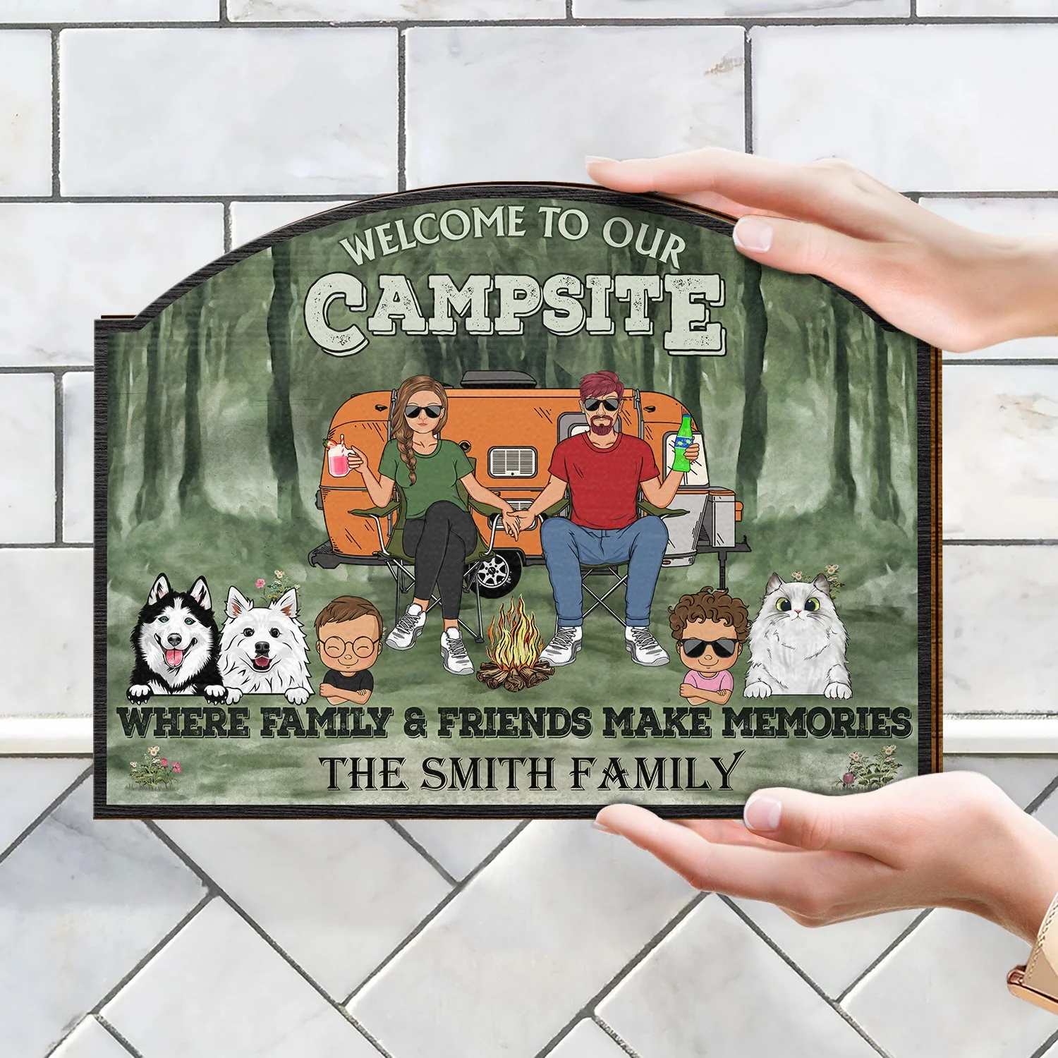 Welcome To Our Campsite - Gift For Camping Lovers, Campsite, Camping Decor, Couple, Family, Pet Lovers - Personalized Custom Shaped Wood Sign - Image 4