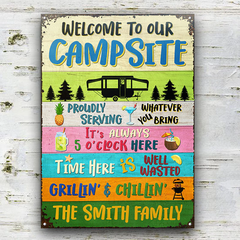 Welcome To Our Campsite Proudly Serving Camping - Personalized Custom Classic Metal Signs - Image 2