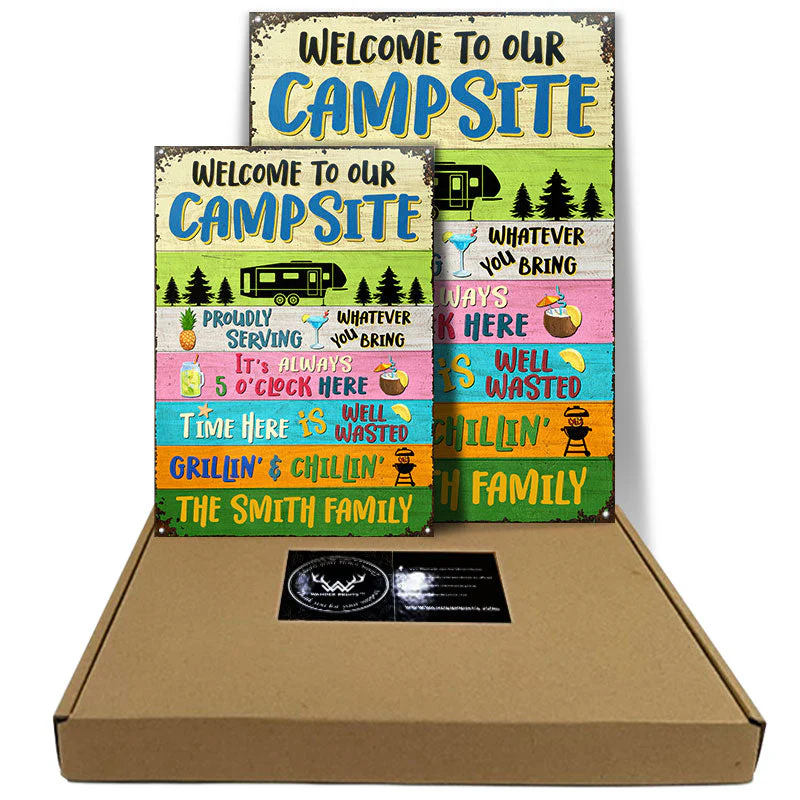 Welcome To Our Campsite Proudly Serving Camping - Personalized Custom Classic Metal Signs - Image 3