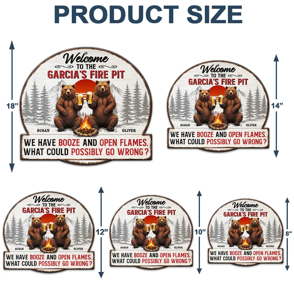 Welcome To Our Fire Pit Bear Couple - Personalized Custom Shaped Metal Sign - Image 4