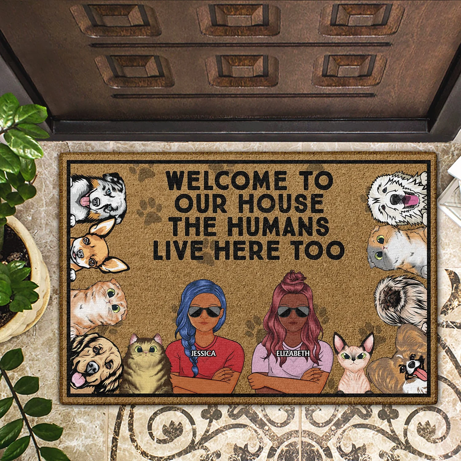 Welcome To Our House The Humans Live Here Too Couples - Gift For Dog Lovers & Cat Lovers - Personalized Custom Doormat - Image 2