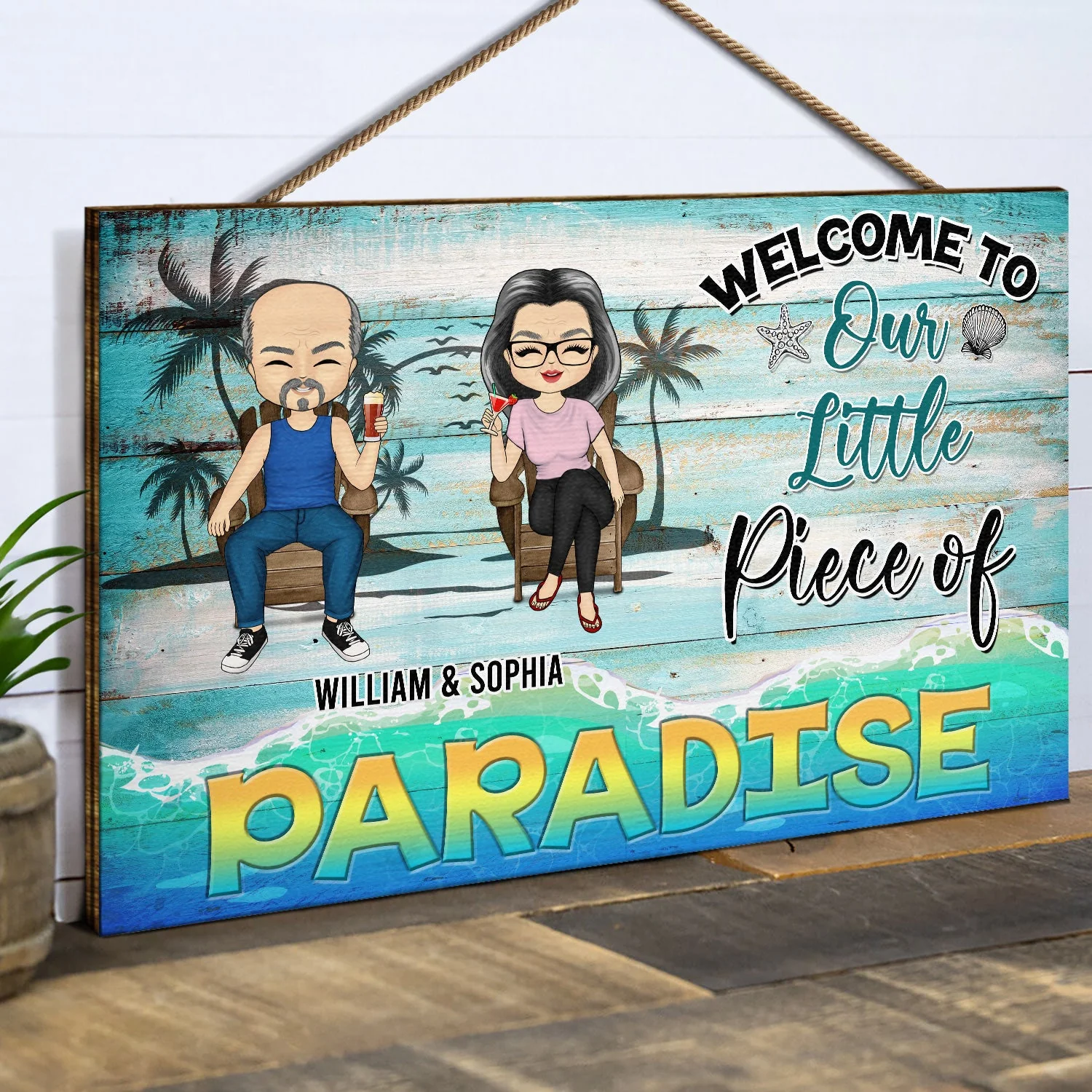 Welcome To Our Little Piece Of Paradise Summer Vibes - Anniversary, Birthday Gift For Spouse, Lover, Husband, Wife, Boyfriend, Girlfriend, Couple, Beach Lovers - Personalized Custom Wood Rectangle Sign - Image 2