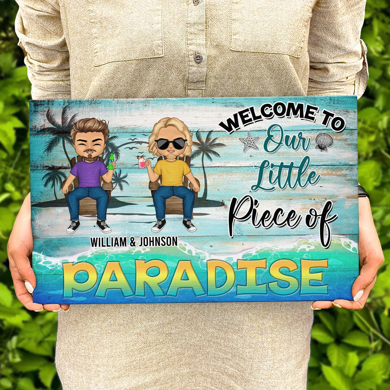 Welcome To Our Little Piece Of Paradise Summer Vibes - Anniversary, Birthday Gift For Spouse, Lover, Husband, Wife, Boyfriend, Girlfriend, Couple, Beach Lovers - Personalized Custom Wood Rectangle Sign - Image 4
