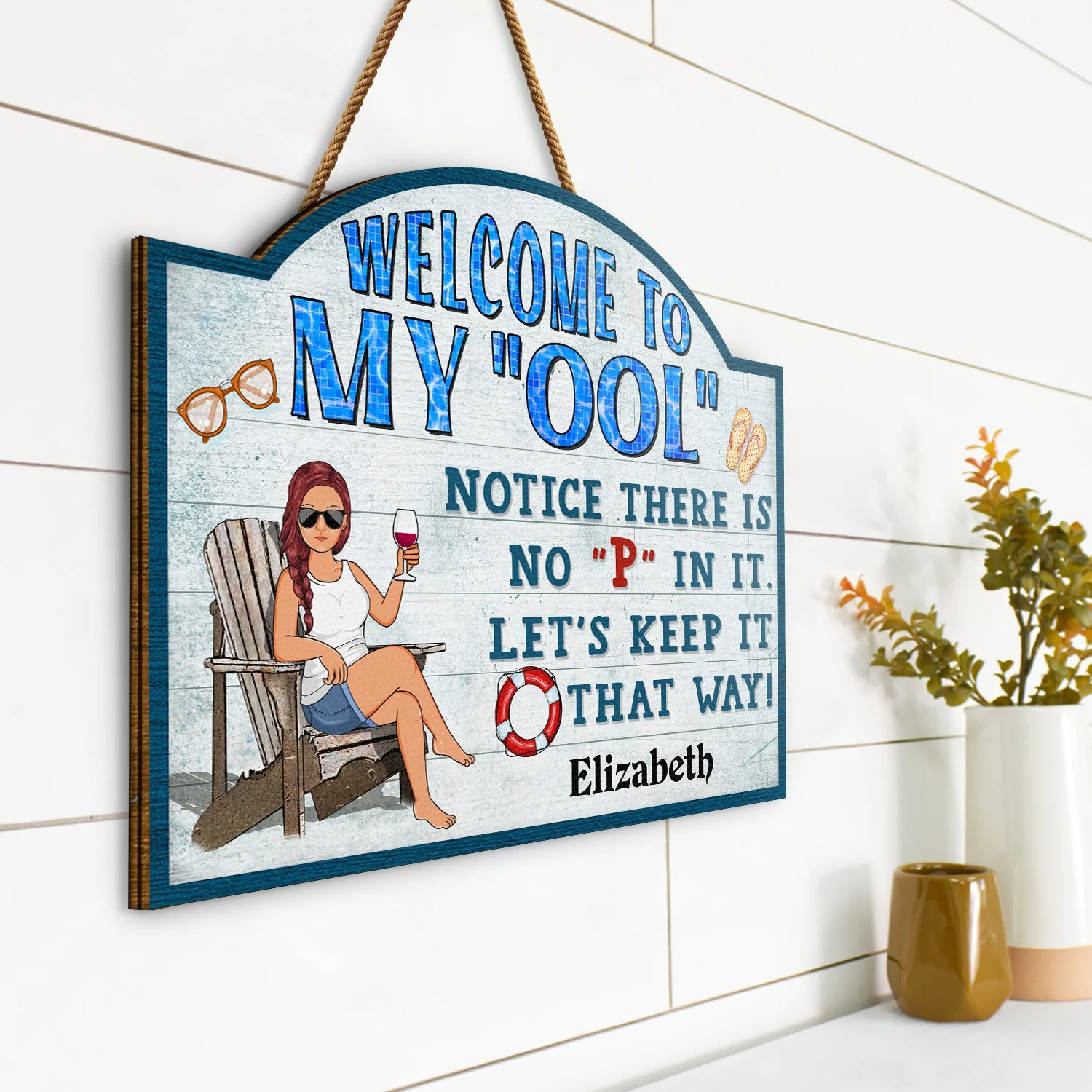 Welcome To Our Ool Notice There Is No P In It Poolside - Home Decor, Backyard Decor, Gift For Her, Him, Family, Couples, Husband, Wife - Personalized Custom Shaped Wood Sign - Image 2