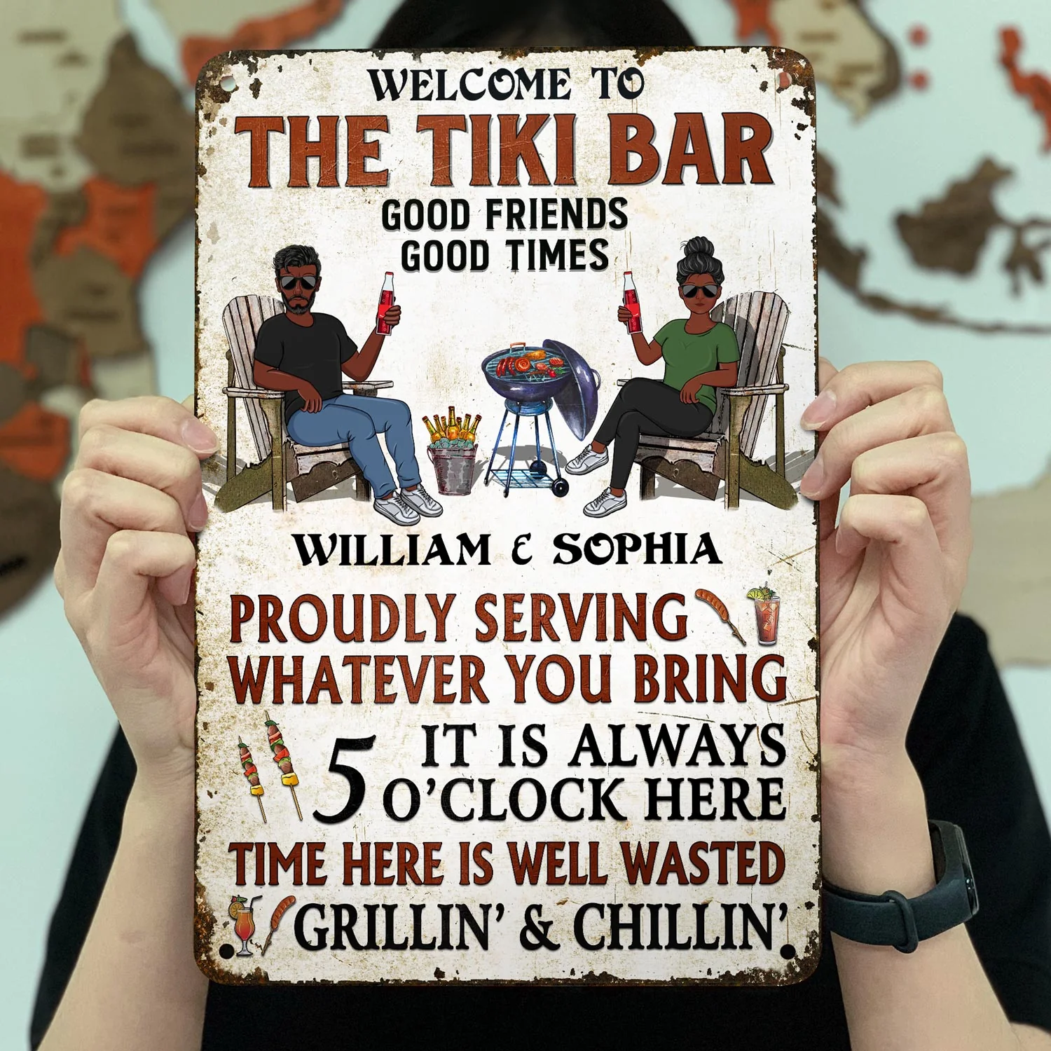 Welcome To Our Patio Proudly Serving Whatever You Bring Couple Husband Wife - Backyard Sign - Personalized Custom Classic Metal Signs - Image 3
