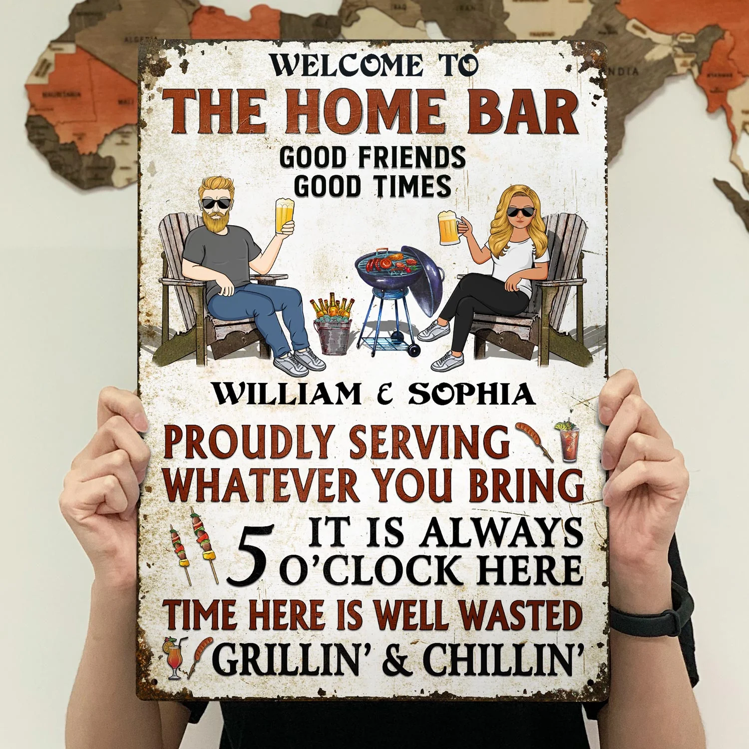 Welcome To Our Patio Proudly Serving Whatever You Bring Couple Husband Wife - Backyard Sign - Personalized Custom Classic Metal Signs - Image 4