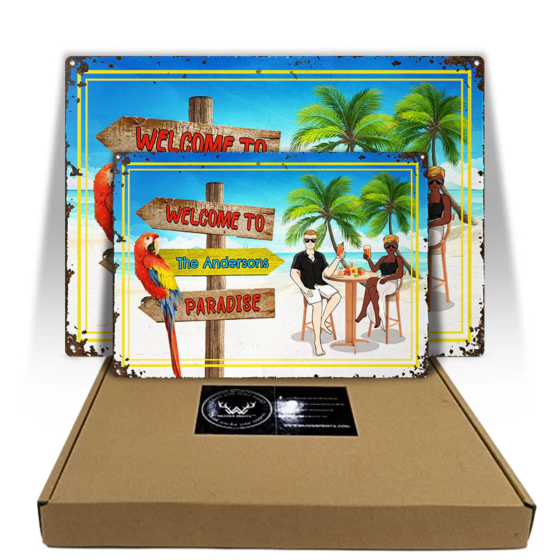 Welcome To Paradise Beach - Gift For Couples - Personalized Custom Classic Metal Signs - Image 3
