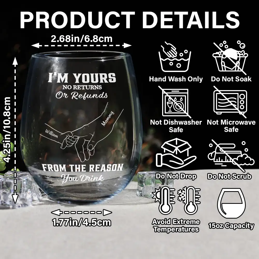 We're Yours No Returns Or Refunds Hands In Hands - Personalized Stemless Wine Glass - Image 5
