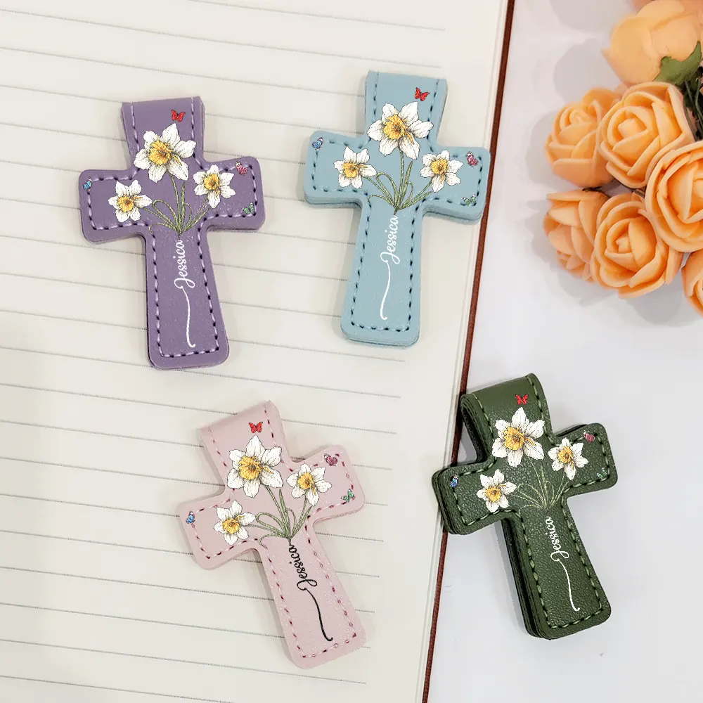 Where Flowers Meet Faith Birth Month Flower With Name - Personalized Cross Leather Magnetic Bookmark - Image 2