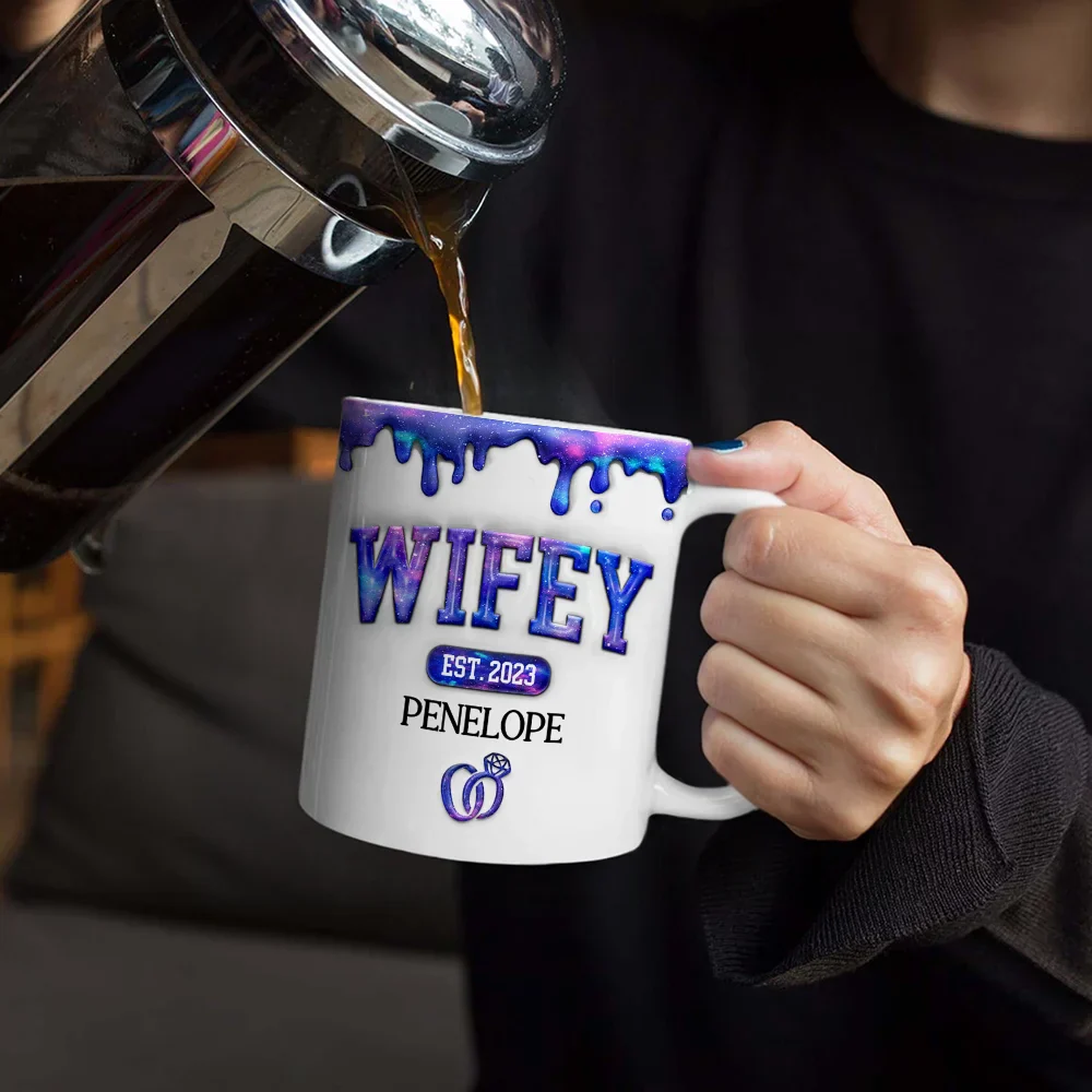 Wifey Hubby Est Couple - 3D Inflated Effect Printed Mug, Personalized White Edge-to-Edge Mug - Image 4