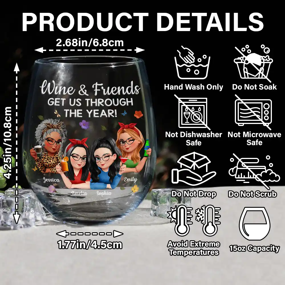 Wine And Friends Get Us Through The Year - Personalized Stemless Wine Glass - Image 5