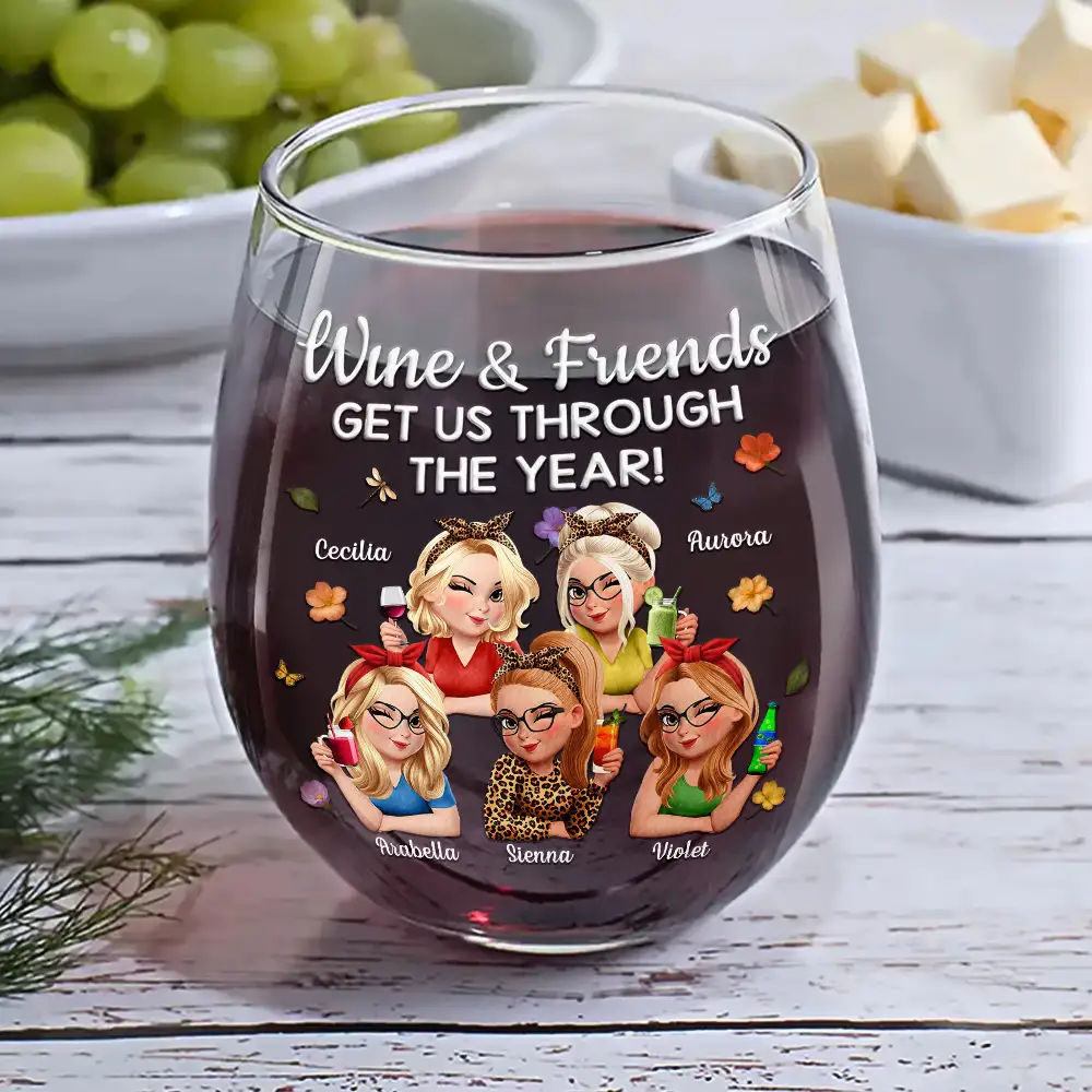 Wine And Friends Get Us Through The Year - Personalized Stemless Wine Glass - Image 6