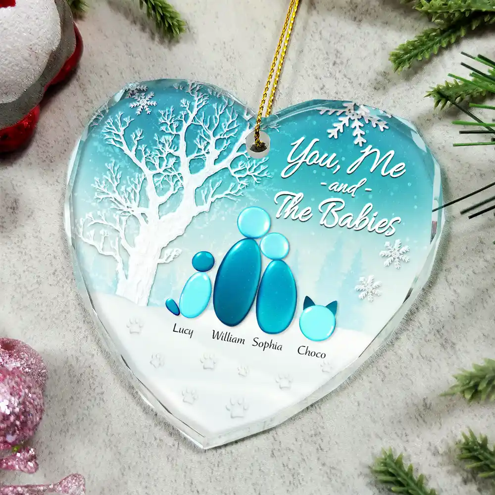 Winter You Me And The Dog Cat - Personalized Heart Shaped Glass Ornament - Image 4