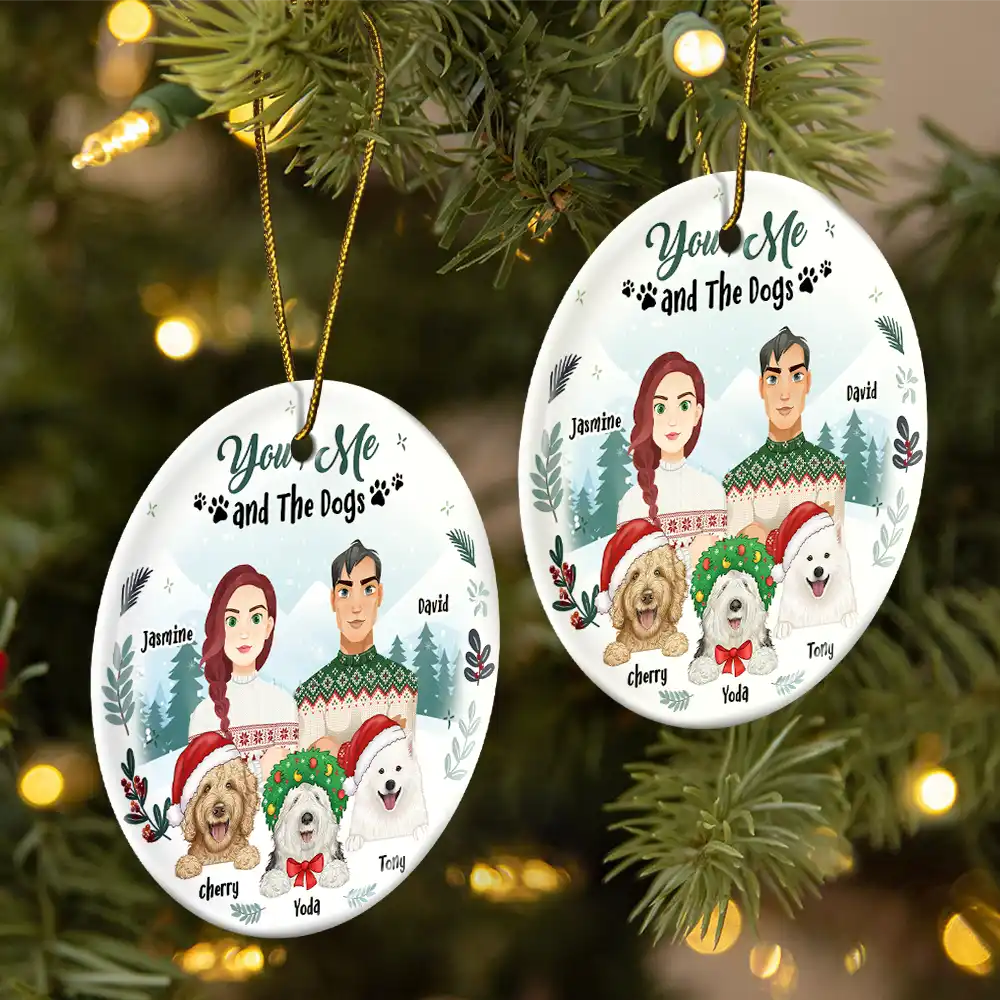 Winter You, Me And The Dog - Personalized Circle Ceramic Ornament - Image 2