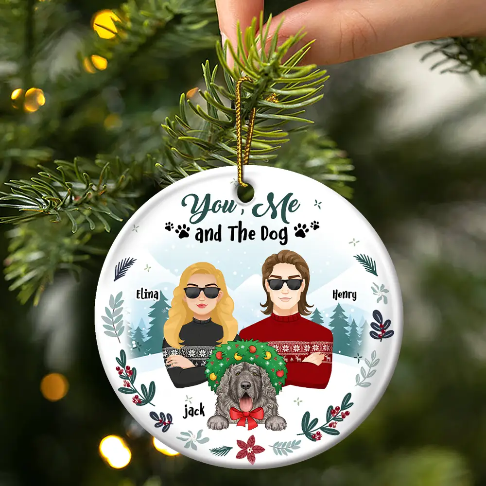 Winter You, Me And The Dog - Personalized Circle Ceramic Ornament - Image 3