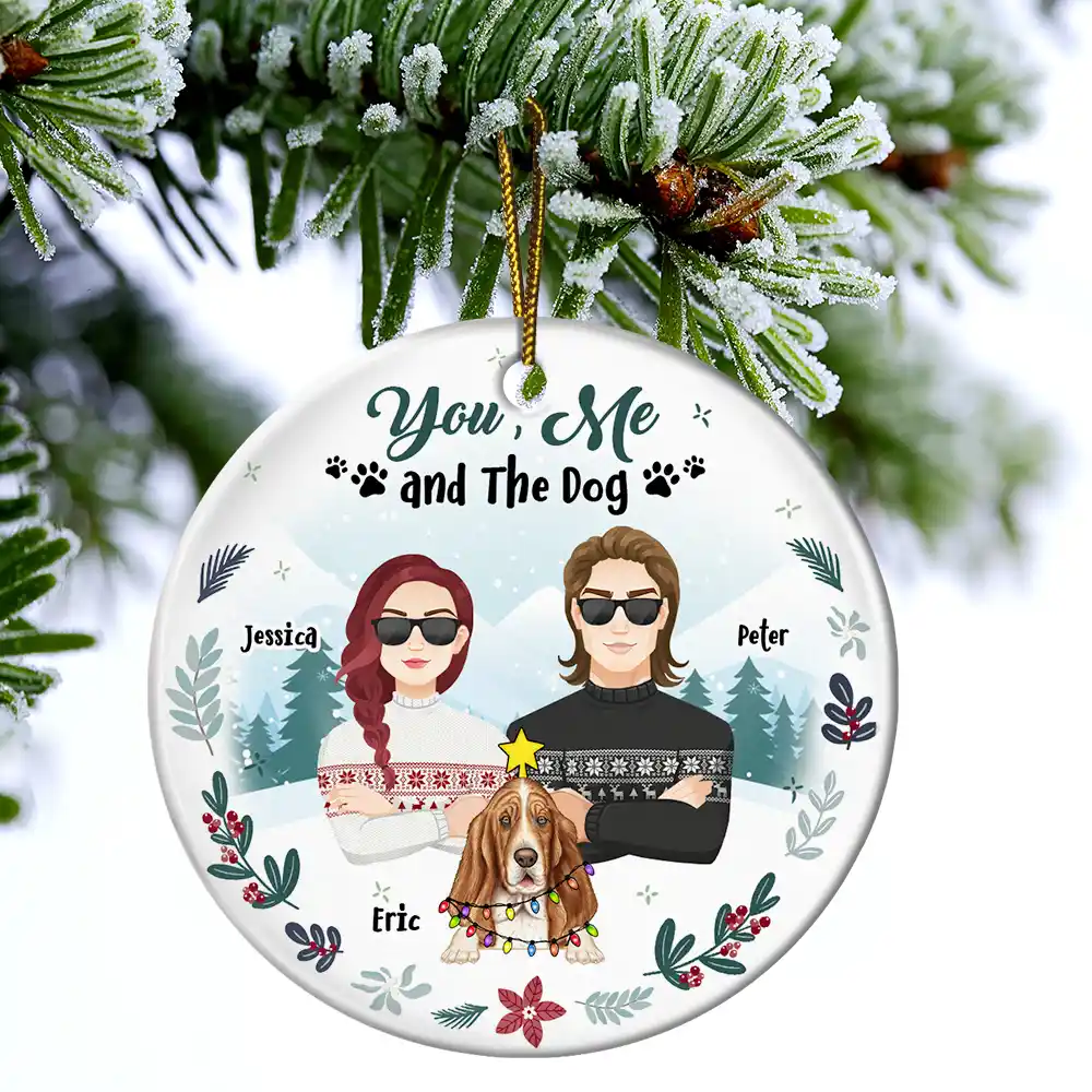 Winter You, Me And The Dog - Personalized Circle Ceramic Ornament - Image 4