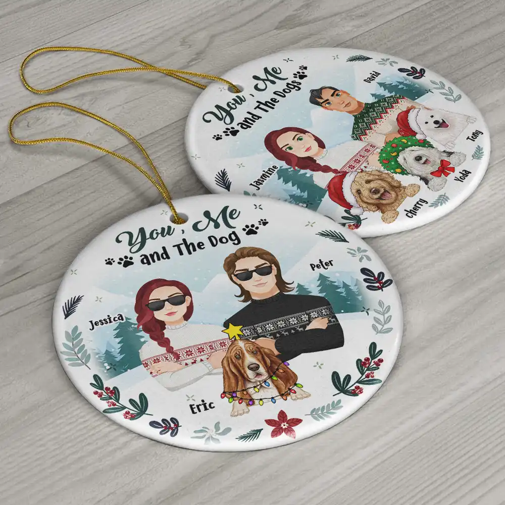Winter You, Me And The Dog - Personalized Circle Ceramic Ornament - Image 6