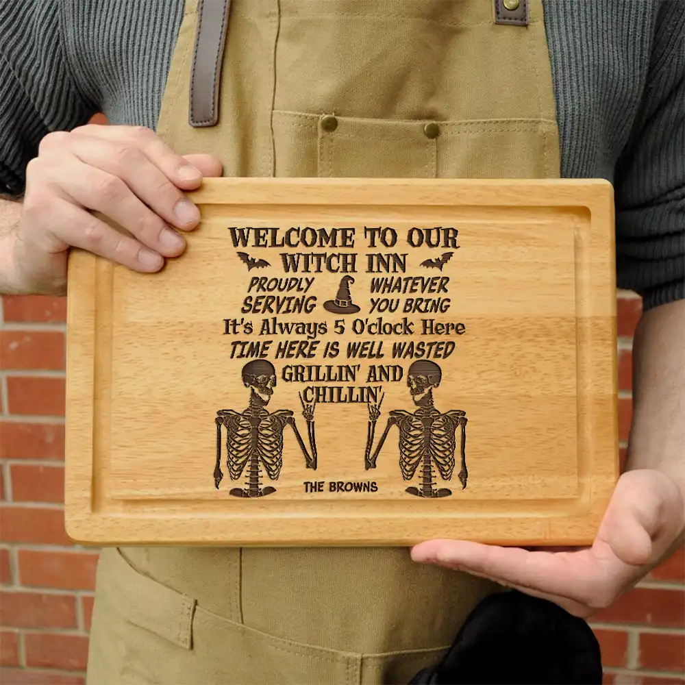 Witch Halloween Proudly Serving - Personalized Wooden Cutting Board - Image 3
