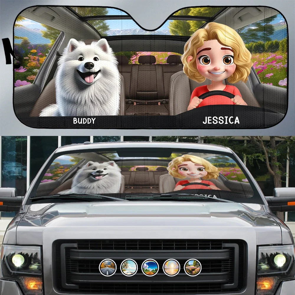 Woman Man Dog 3D Effect - Personalized Auto Sunshade
