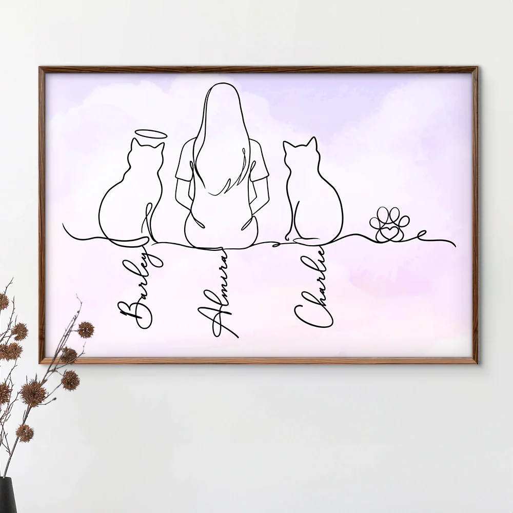 Woman Man Sitting With Cats Line Art - Personalized Poster - Image 4