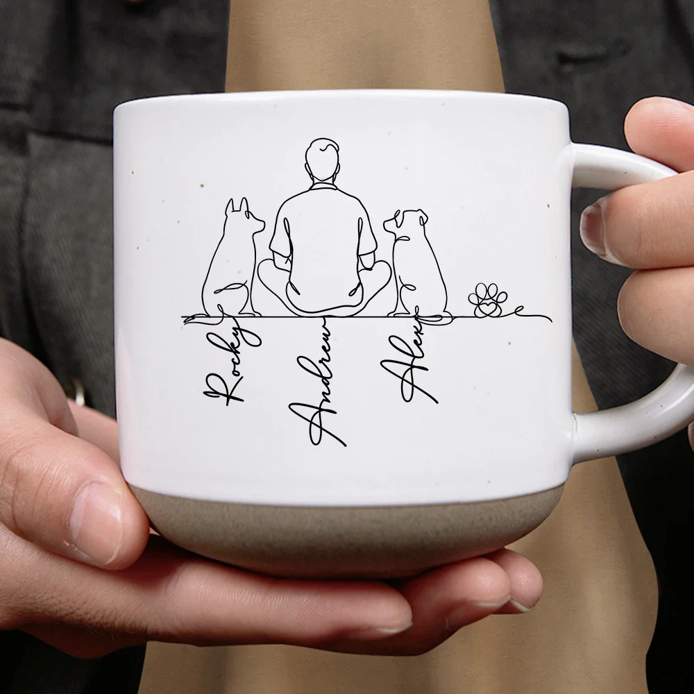 Woman Man Sitting With Dogs Cats Line Art - Personalized Pottery Mug - Image 4
