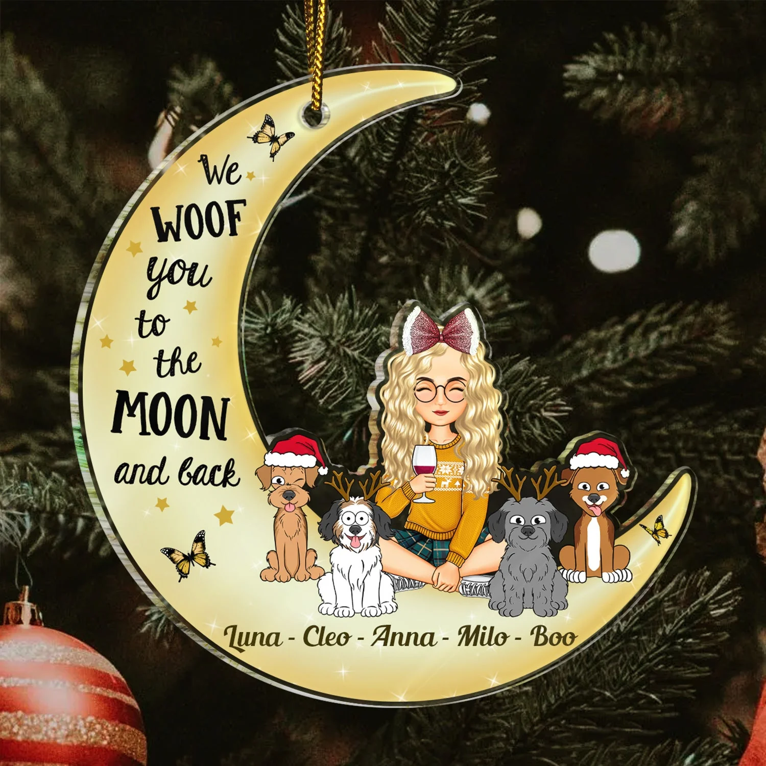 Woof You To The Moon & Back Cartoon Style - Christmas Gift For Dog Lovers, Dog Mom, Dog Dad - Personalized Cutout Acrylic Ornament - Image 3
