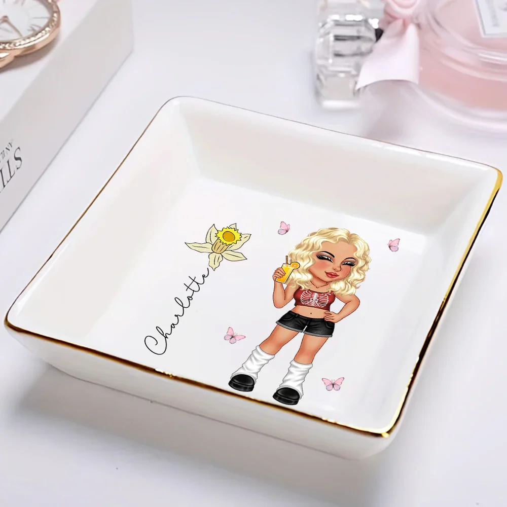 Y2K Girl With Birth Flowers - Personalized Ring Dish - Image 2